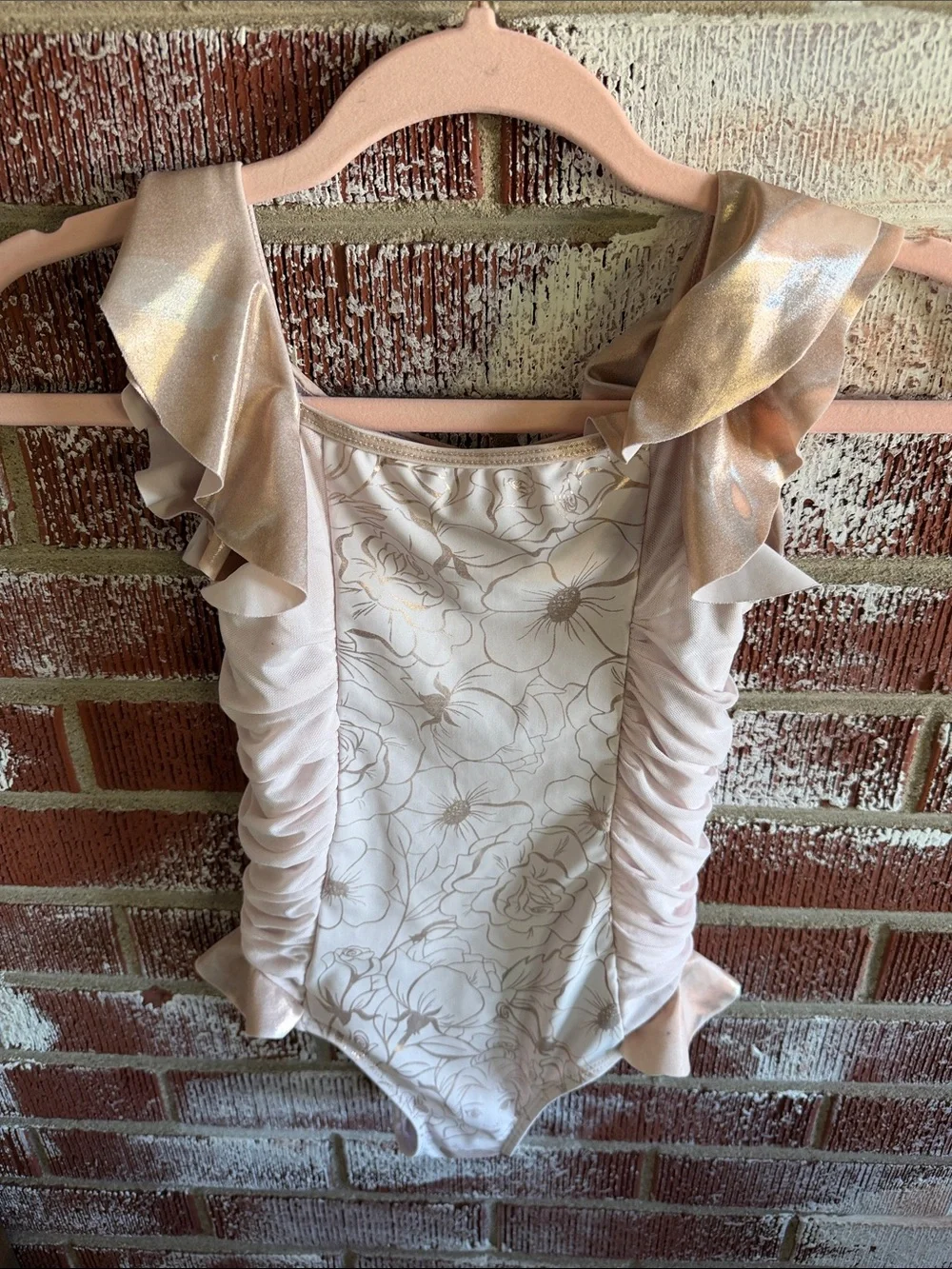 Disney Belle One Piece Swimsuit Blush and Metallic Gold Trim size 7/8 Swimwear